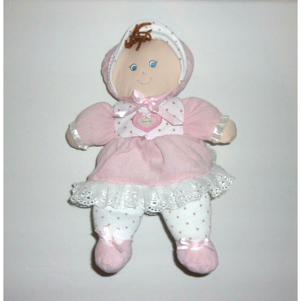 Kids Preferred Plush Doll Pink White Stars Sewn Eyes Brown Yarn Hair 12" Toy